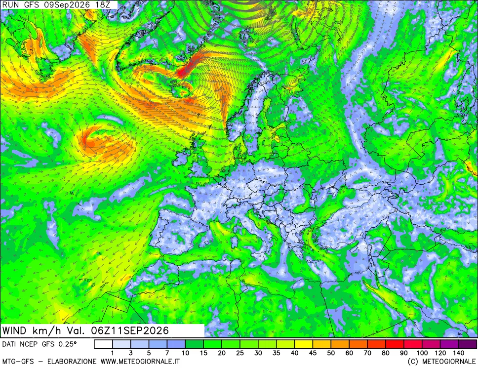 mappa 10 m Vento forza e direzione