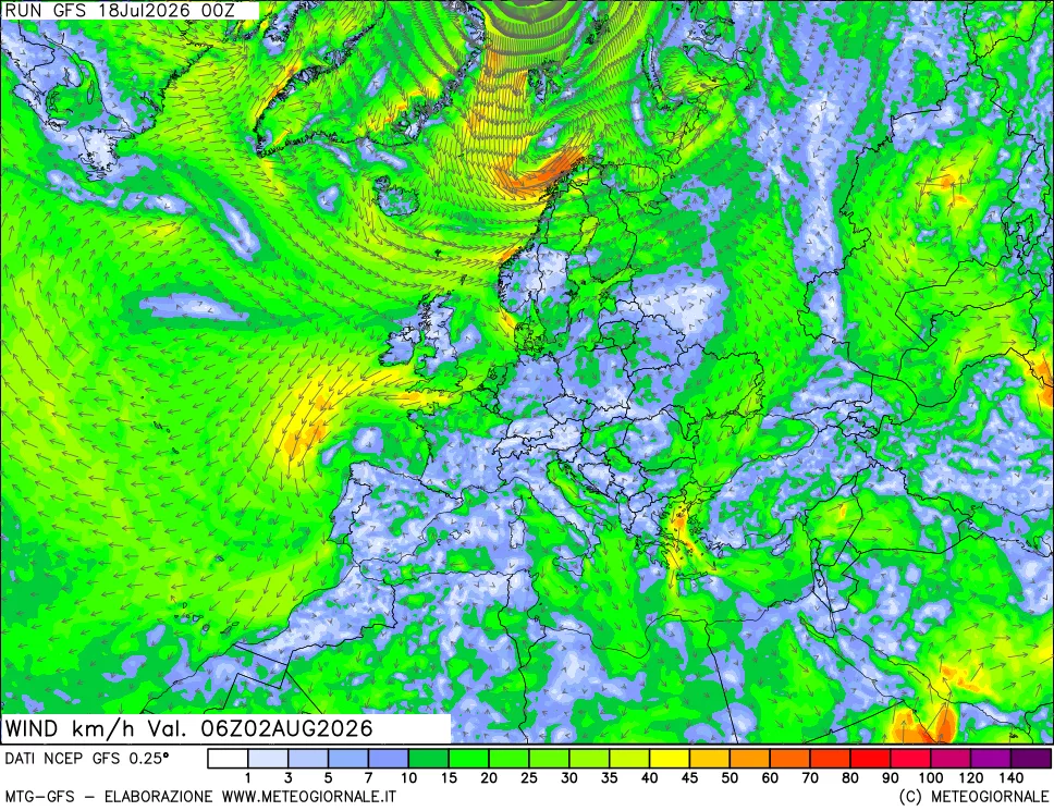 mappa 10 m Vento forza e direzione