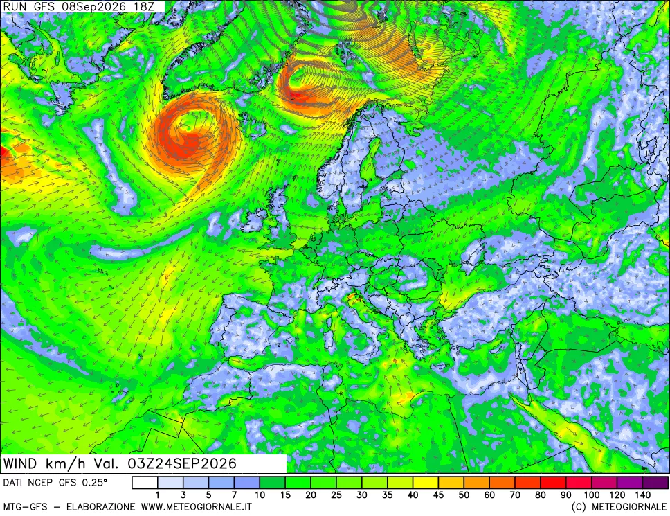 mappa 10 m Vento forza e direzione
