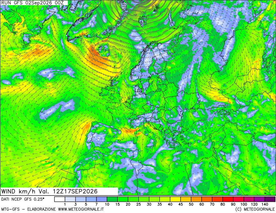 mappa 10 m Vento forza e direzione