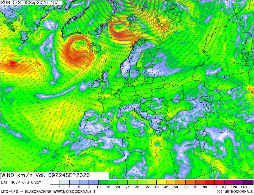mappa 10 m Vento forza e direzione