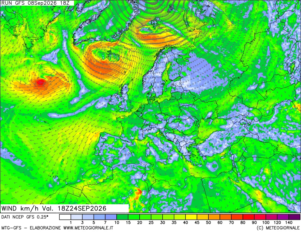 mappa 10 m Vento forza e direzione