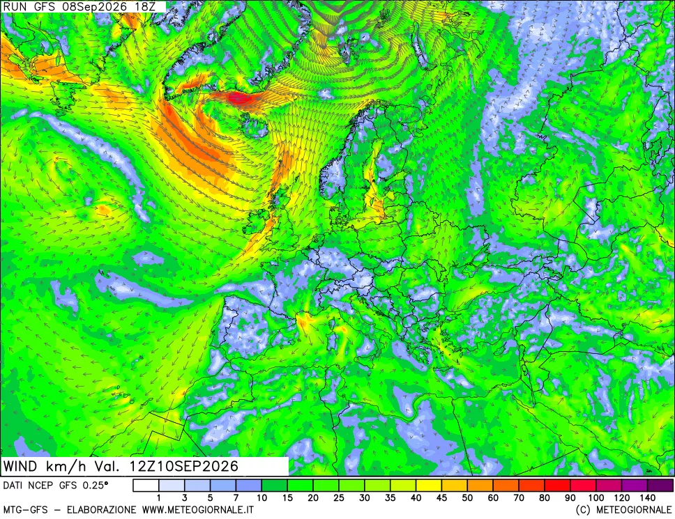 mappa 10 m Vento forza e direzione