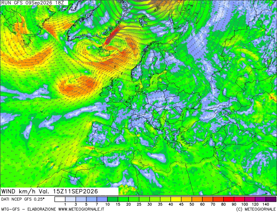 mappa 10 m Vento forza e direzione