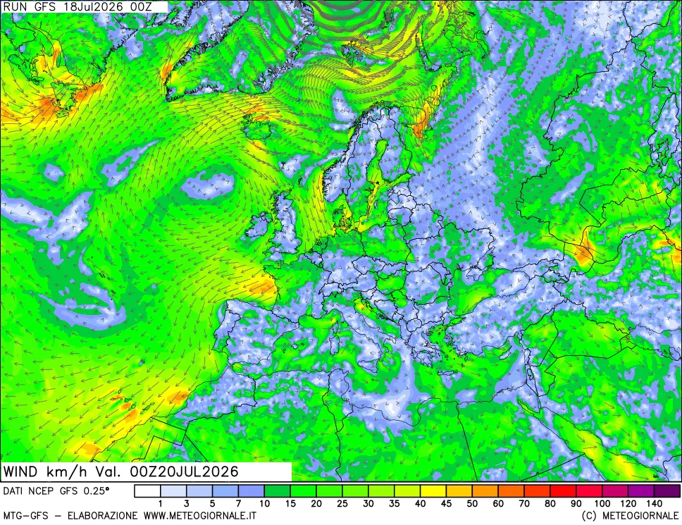mappa 10 m Vento forza e direzione