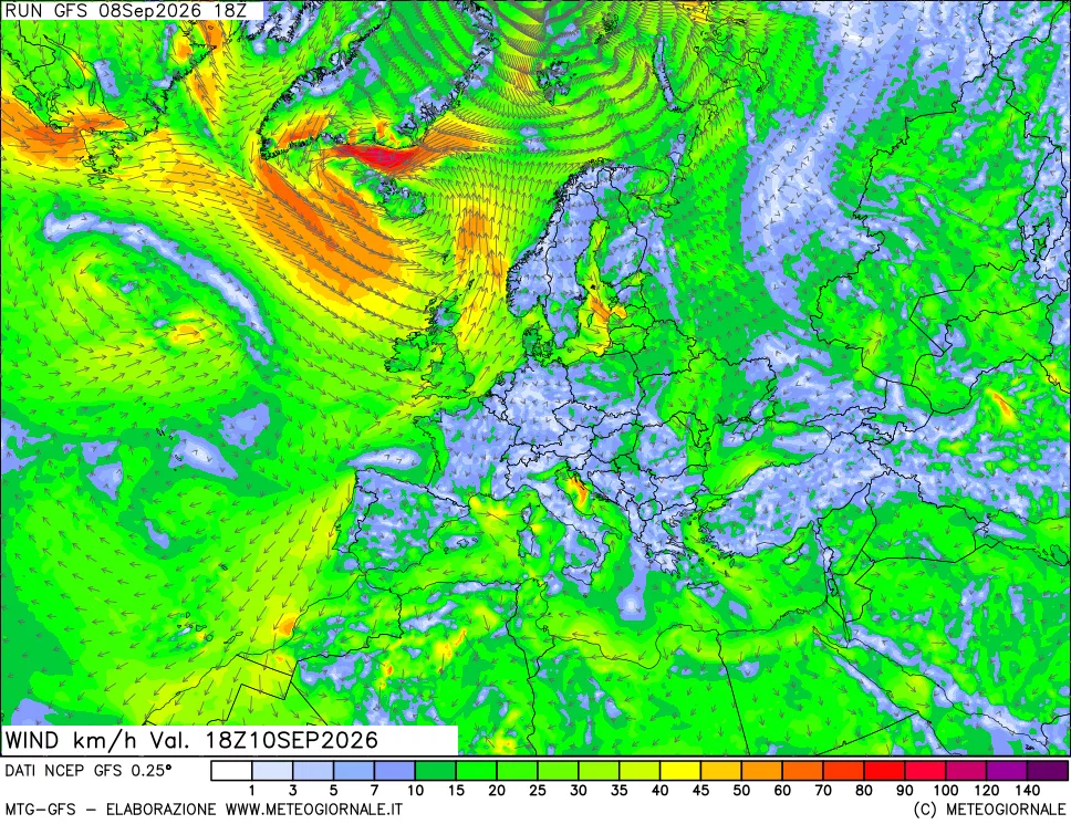 mappa 10 m Vento forza e direzione