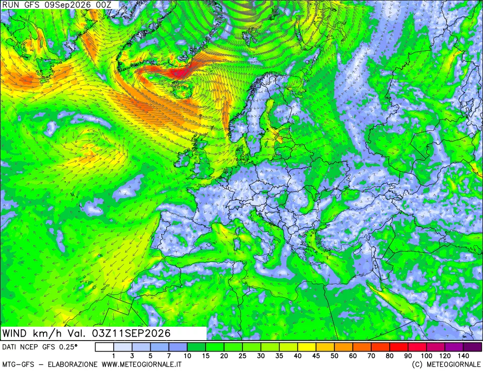 mappa 10 m Vento forza e direzione