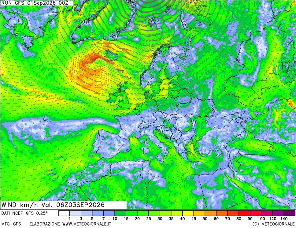 mappa 10 m Vento forza e direzione