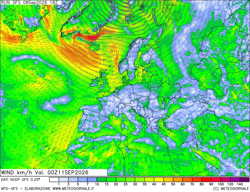 mappa 10 m Vento forza e direzione