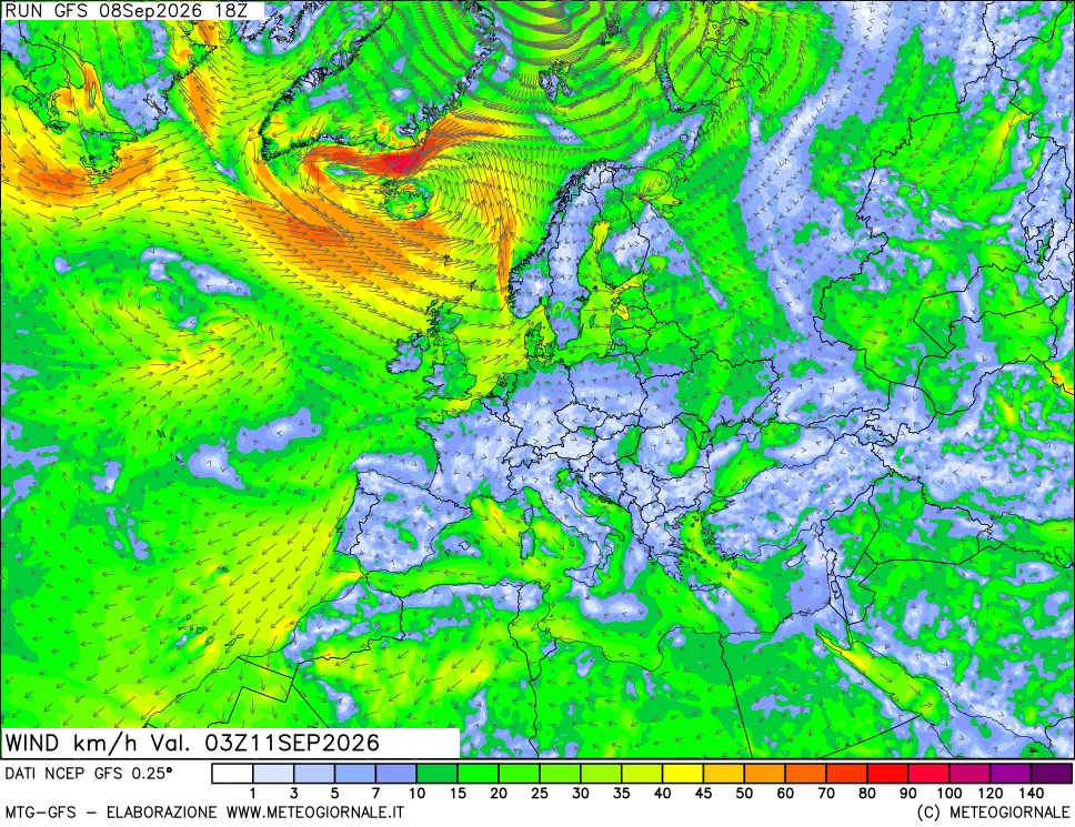 mappa 10 m Vento forza e direzione