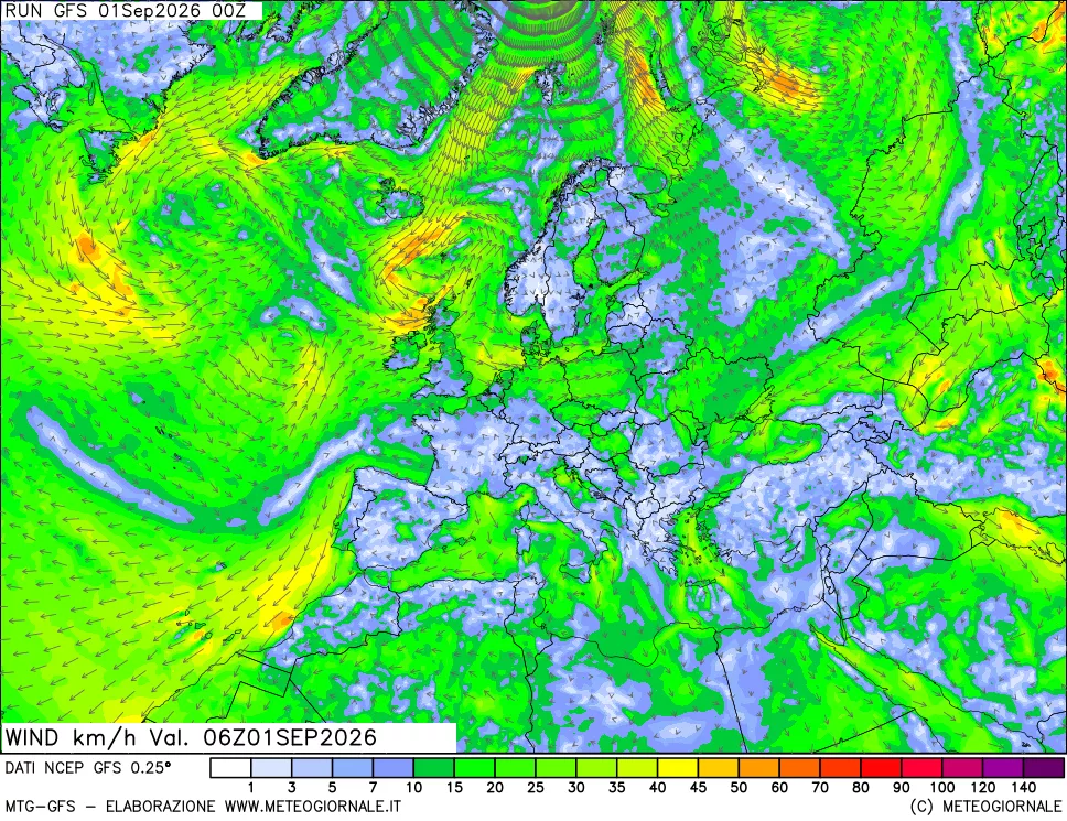 mappa 10 m Vento forza e direzione