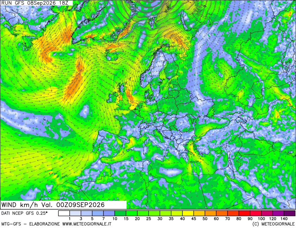 mappa 10 m Vento forza e direzione