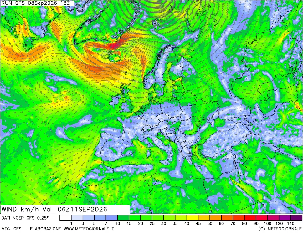mappa 10 m Vento forza e direzione