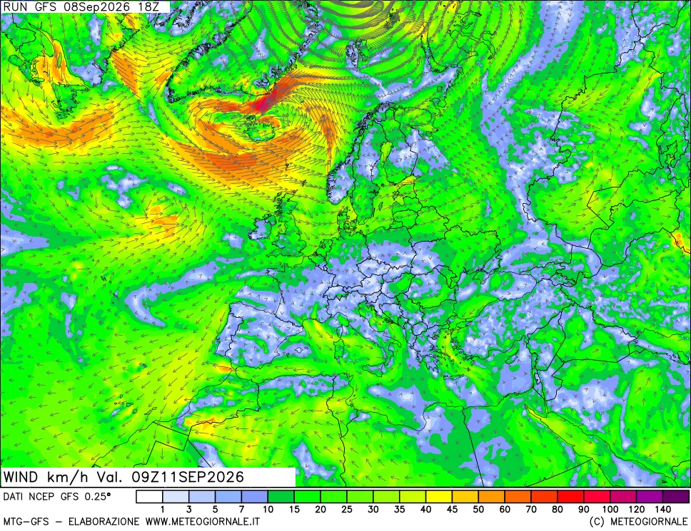 mappa 10 m Vento forza e direzione