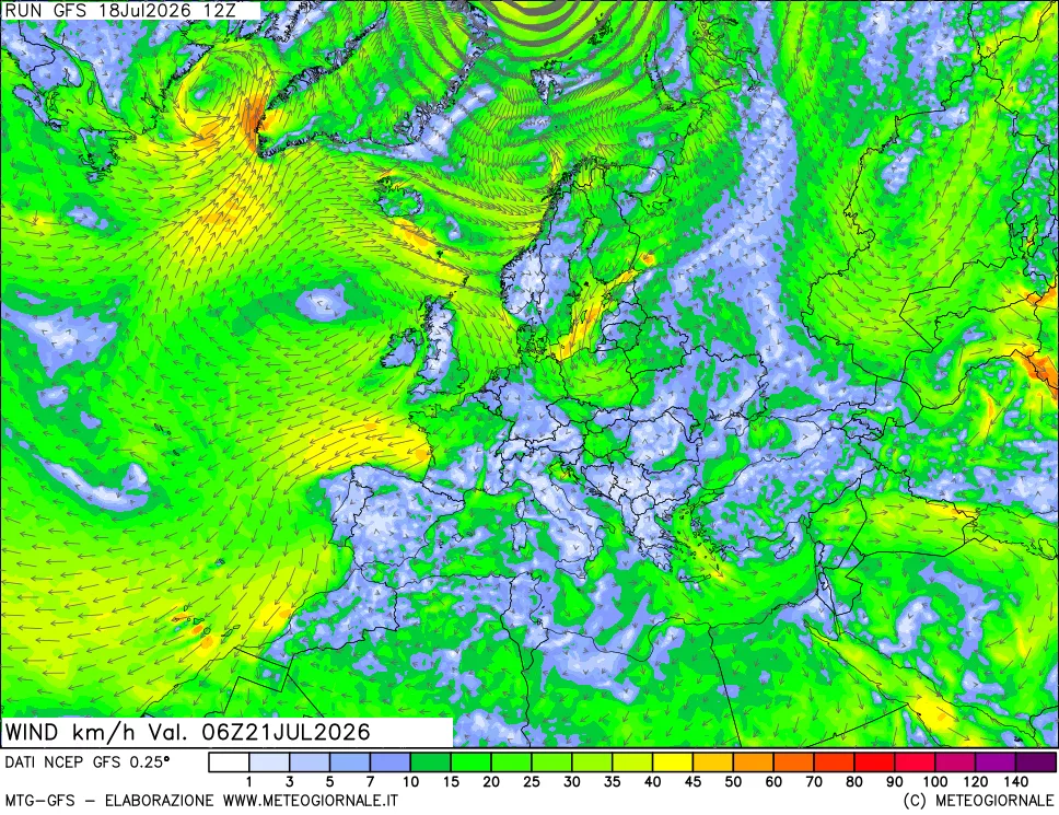 mappa 10 m Vento forza e direzione