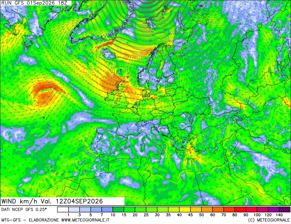 mappa 10 m Vento forza e direzione
