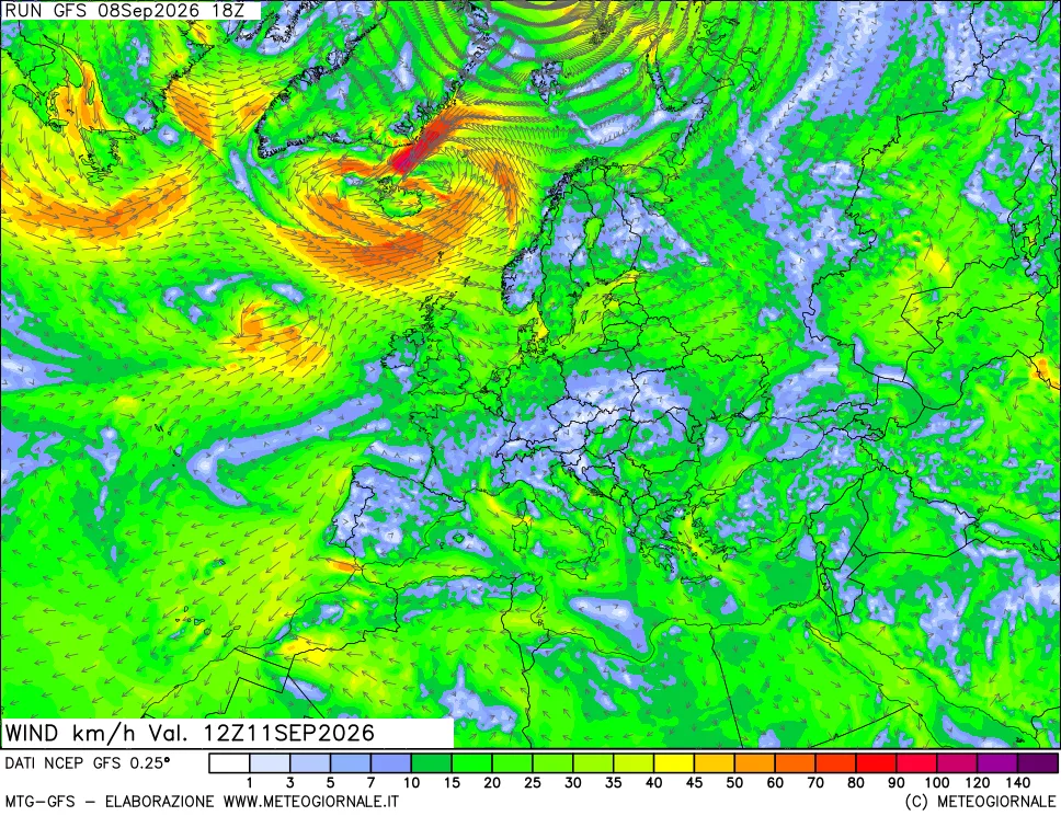 mappa 10 m Vento forza e direzione
