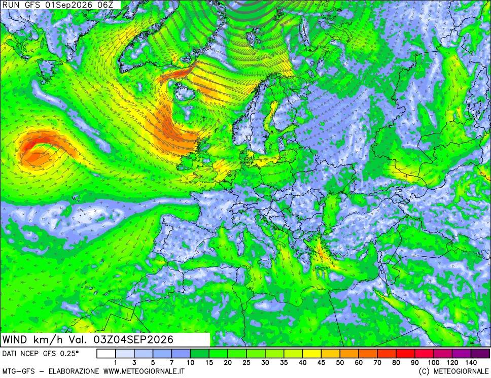 mappa 10 m Vento forza e direzione