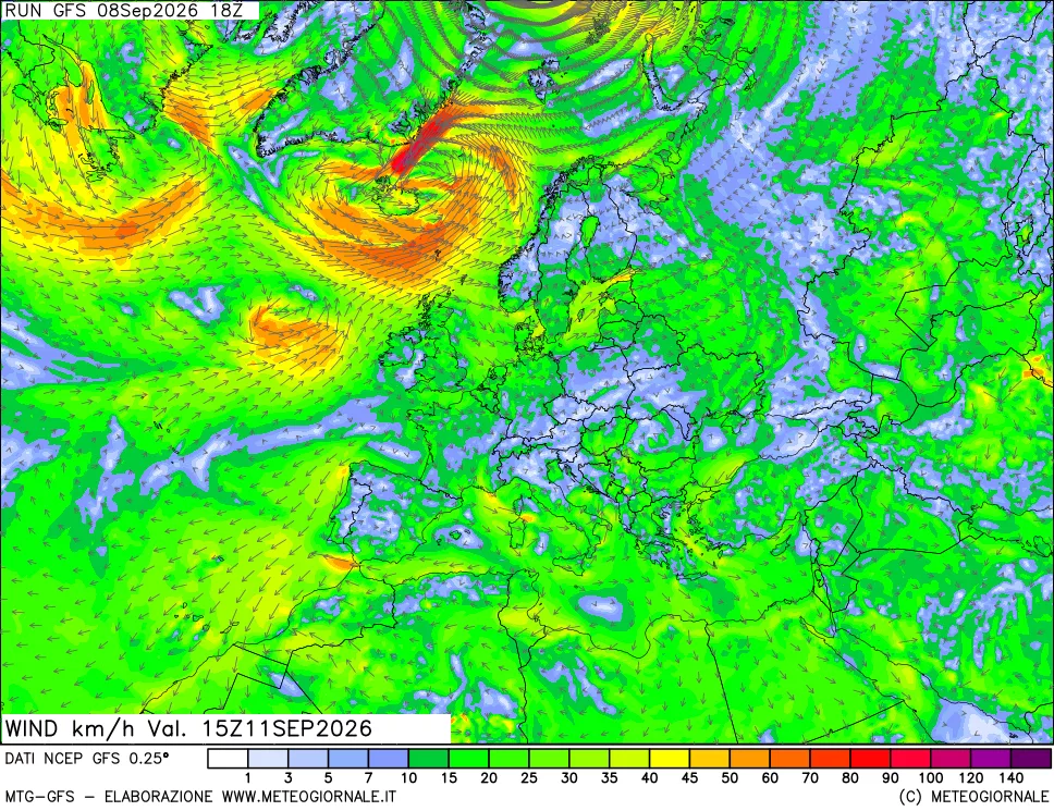 mappa 10 m Vento forza e direzione