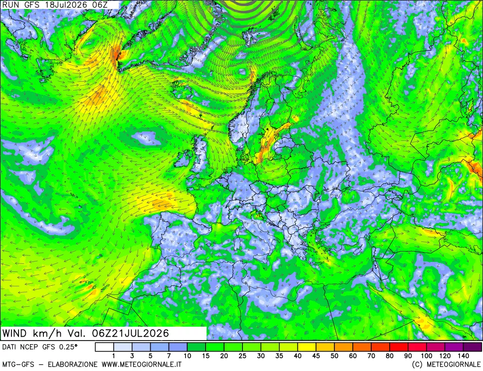 mappa 10 m Vento forza e direzione