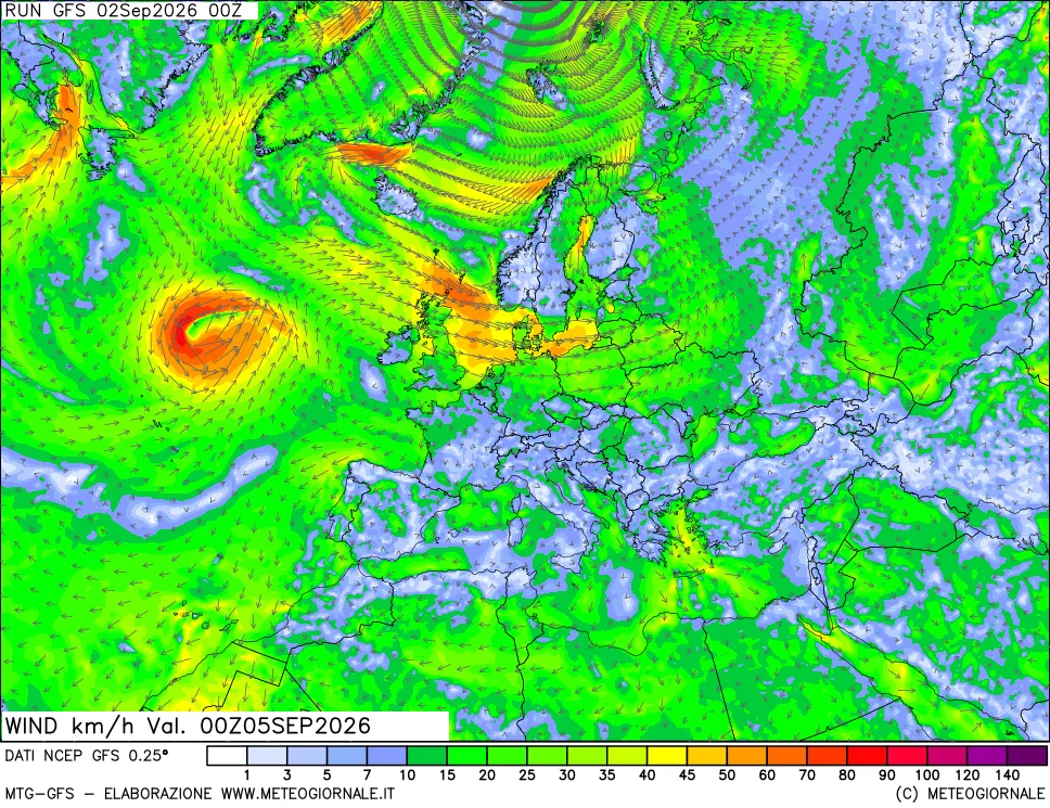 mappa 10 m Vento forza e direzione
