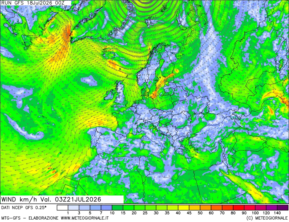 mappa 10 m Vento forza e direzione