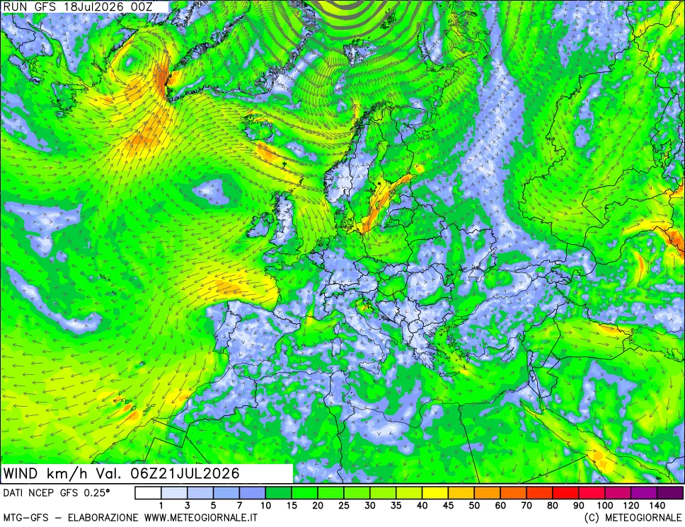 mappa 10 m Vento forza e direzione