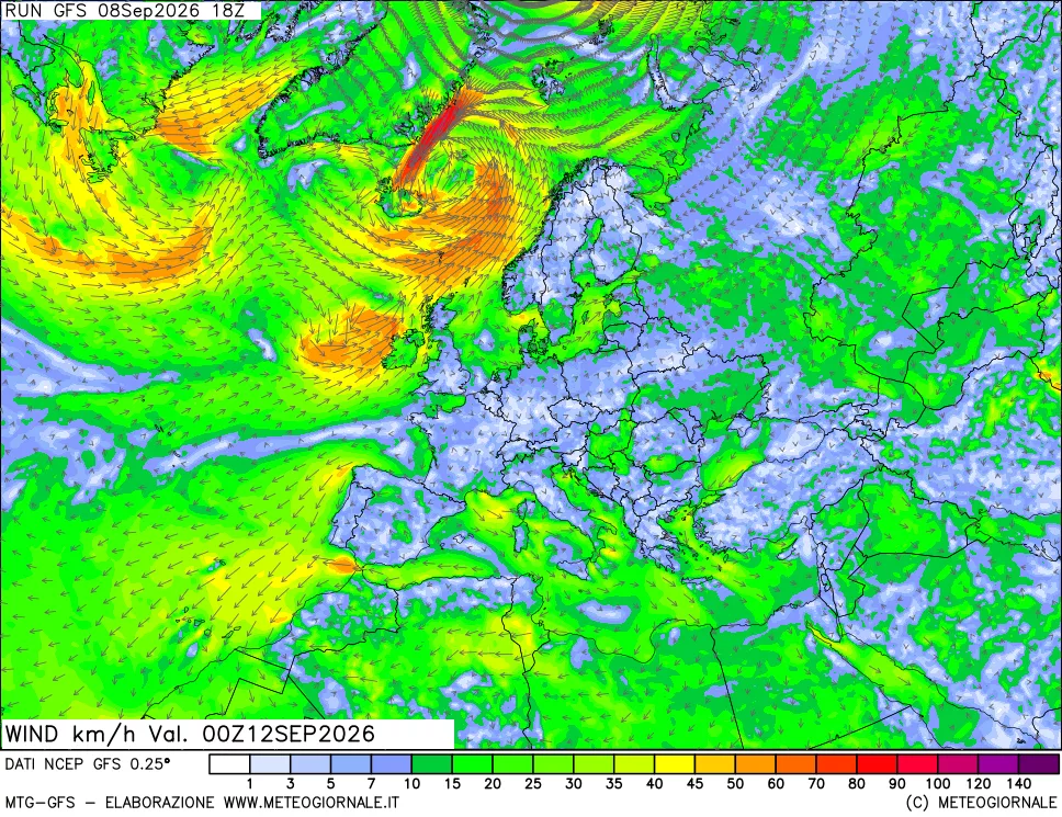 mappa 10 m Vento forza e direzione
