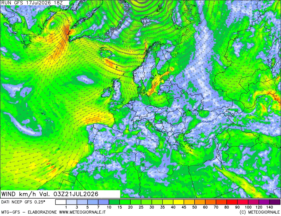 mappa 10 m Vento forza e direzione