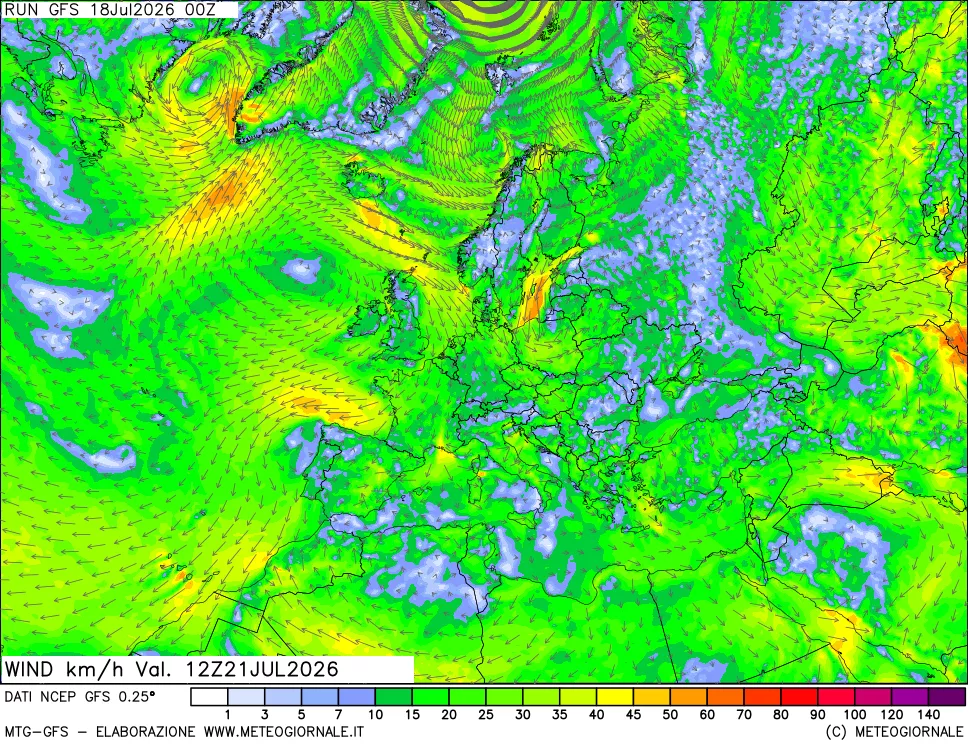 mappa 10 m Vento forza e direzione