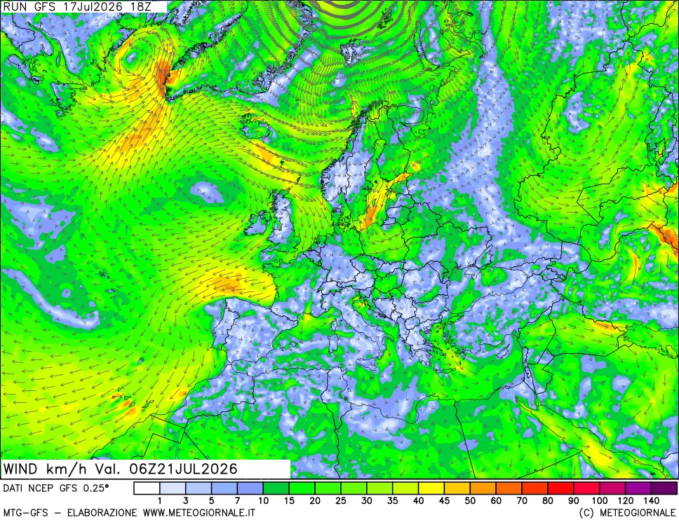mappa 10 m Vento forza e direzione