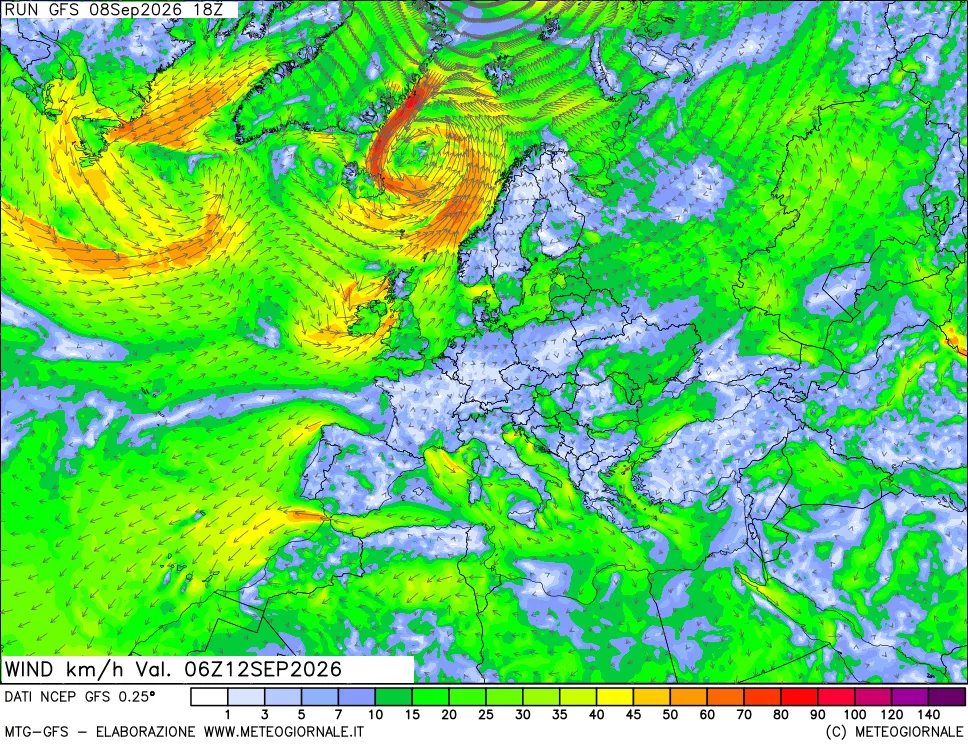 mappa 10 m Vento forza e direzione