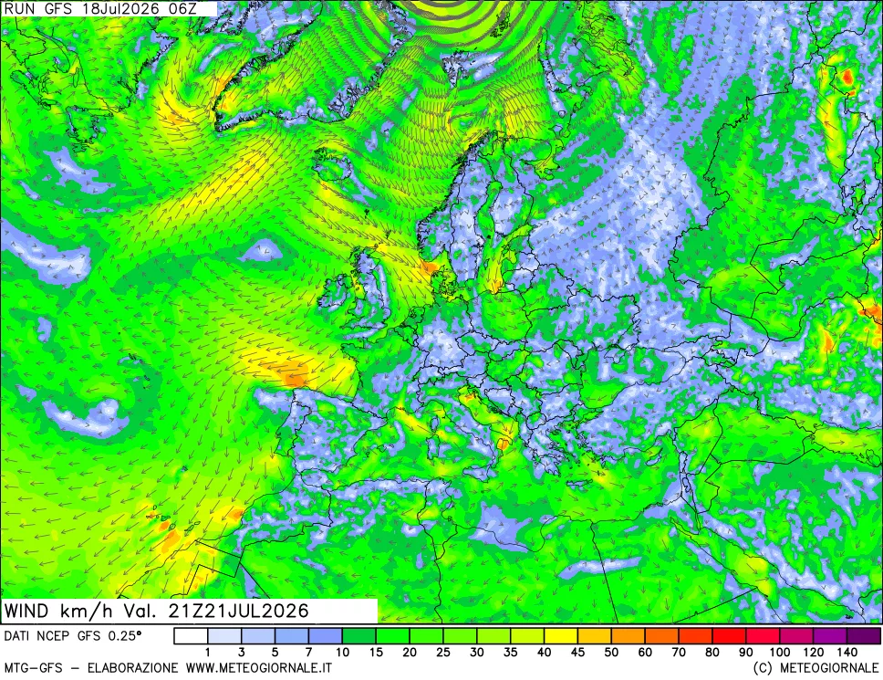 mappa 10 m Vento forza e direzione