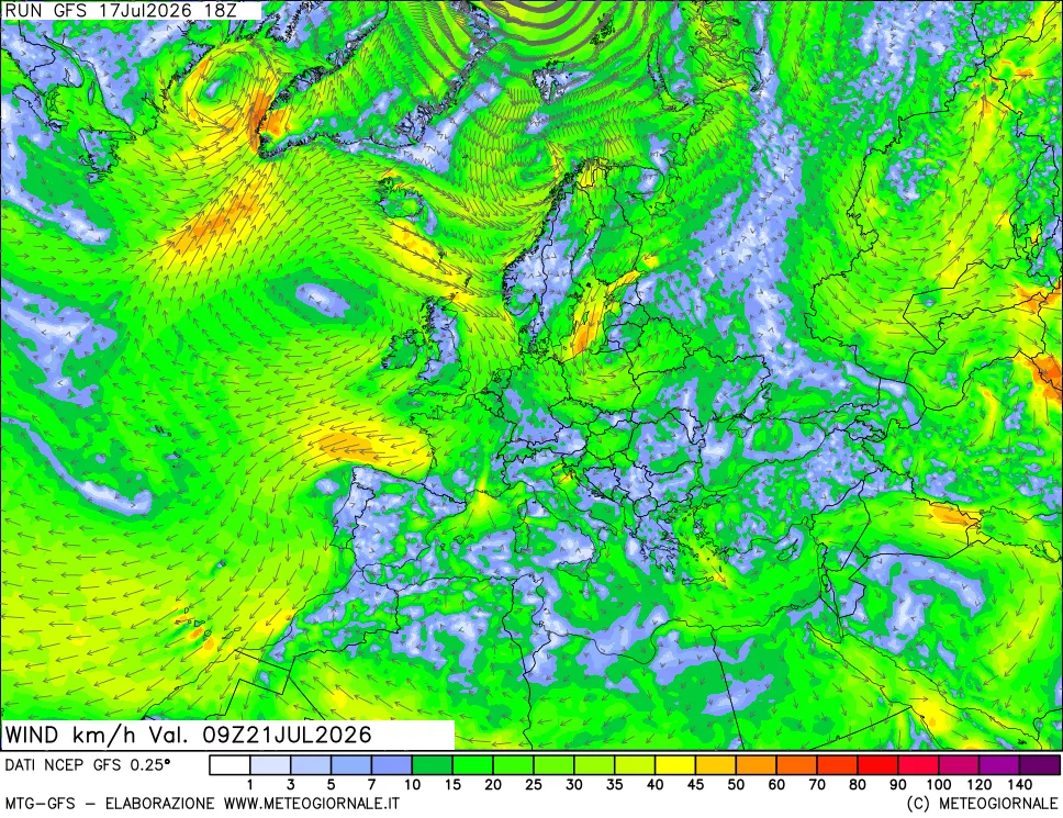 mappa 10 m Vento forza e direzione