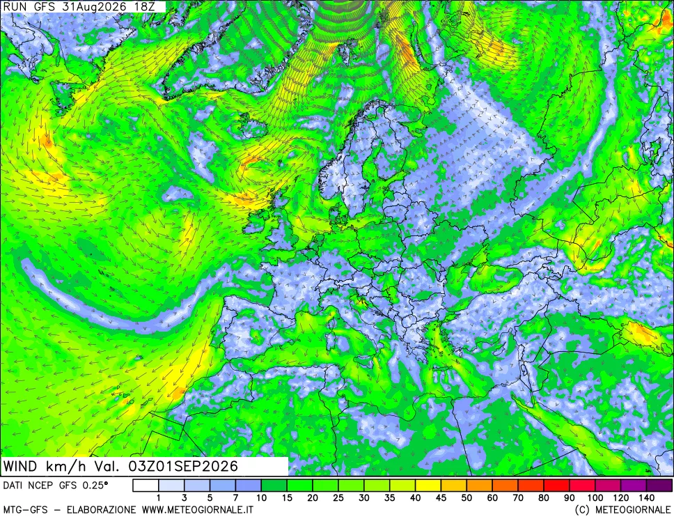 mappa 10 m Vento forza e direzione