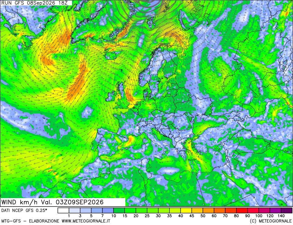 mappa 10 m Vento forza e direzione
