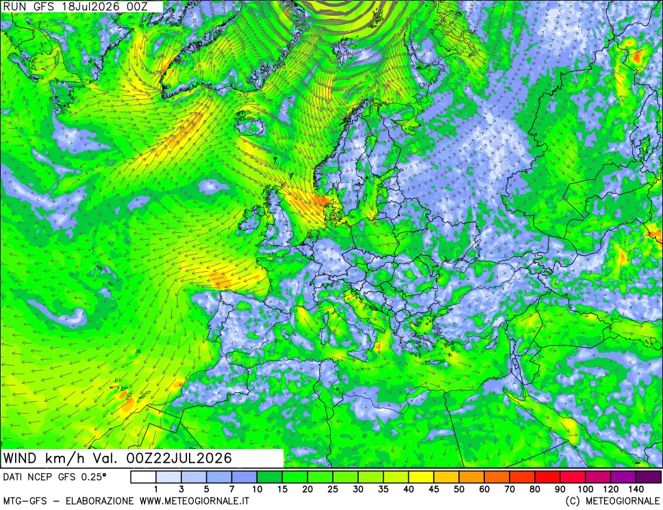 mappa 10 m Vento forza e direzione