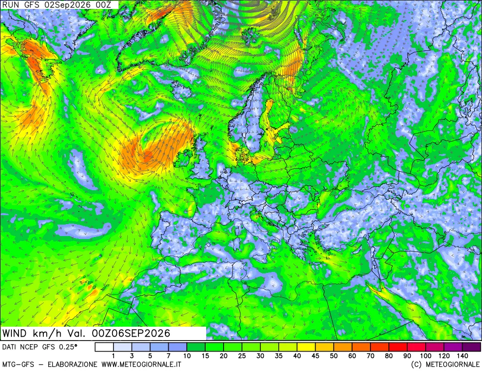 mappa 10 m Vento forza e direzione