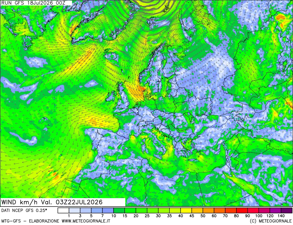 mappa 10 m Vento forza e direzione