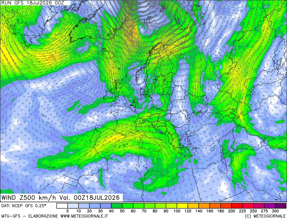 mappa 500 hPa Vento forza e direzione