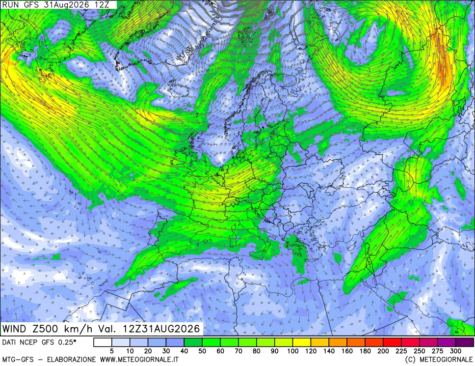 mappa 500 hPa Vento forza e direzione