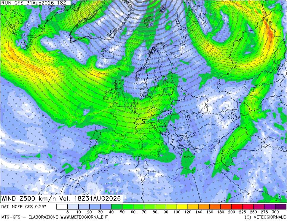 mappa 500 hPa Vento forza e direzione