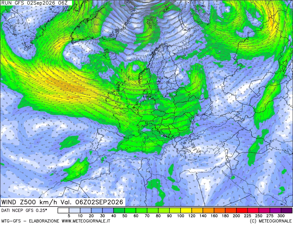 mappa 500 hPa Vento forza e direzione