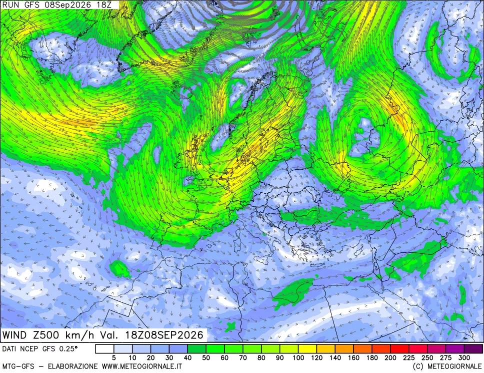 mappa 500 hPa Vento forza e direzione