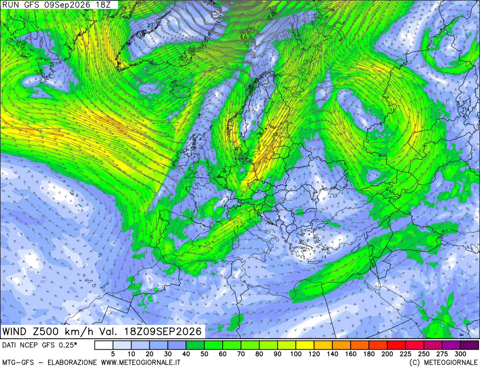 mappa 500 hPa Vento forza e direzione