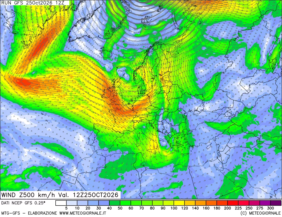mappa 500 hPa Vento forza e direzione