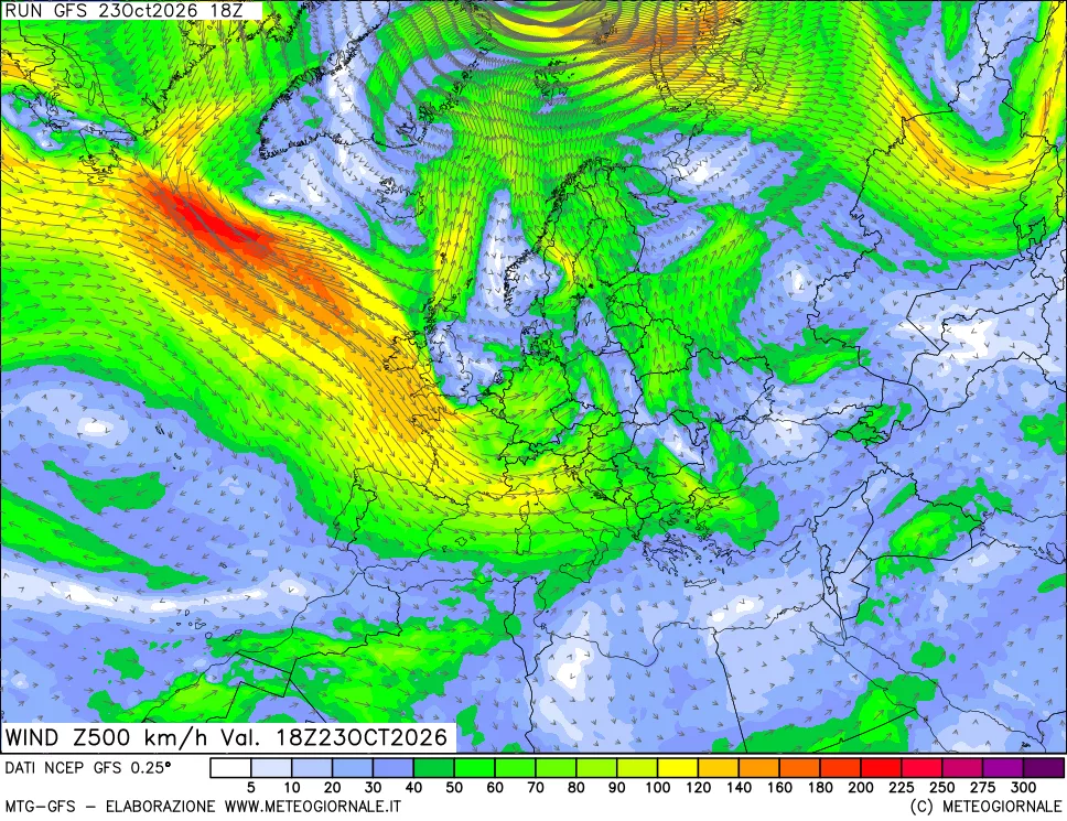 mappa 500 hPa Vento forza e direzione