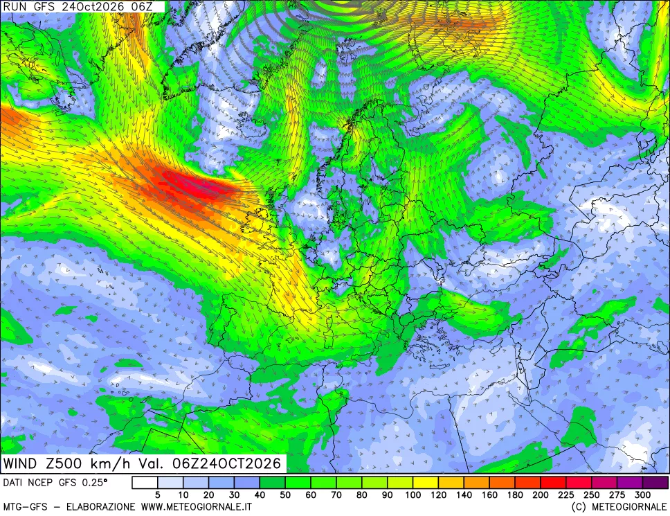 mappa 500 hPa Vento forza e direzione