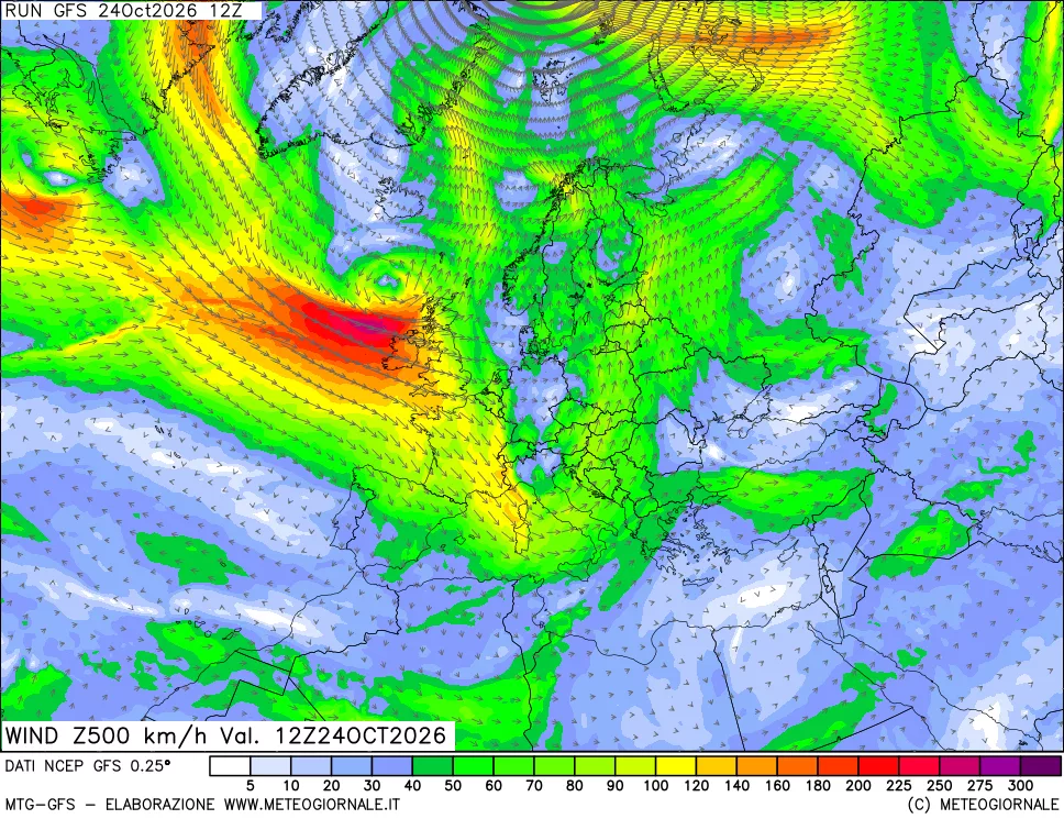 mappa 500 hPa Vento forza e direzione