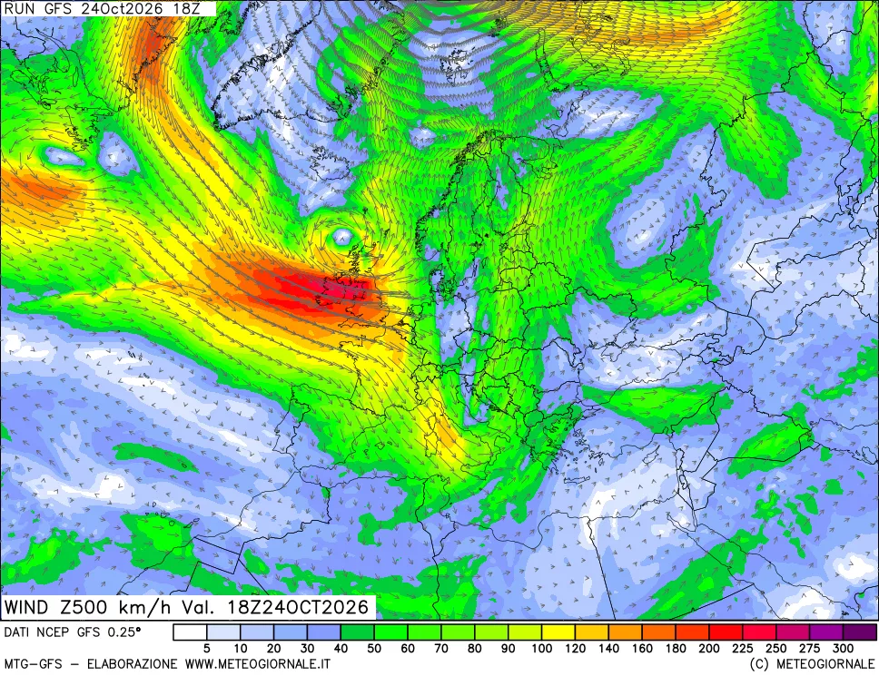 mappa 500 hPa Vento forza e direzione